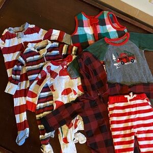 Set of 7 Christmas holiday sleepwear outfits sz 3-6 and 6 mos
